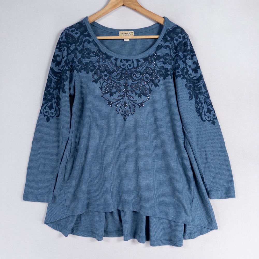 One World Top Womens XL PETITE Blue Waffle Knit Lace Print Embellished Boho